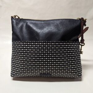 Fossil Crossbody Bag Black Leather & Patterned Fabric | Adjustable Strap